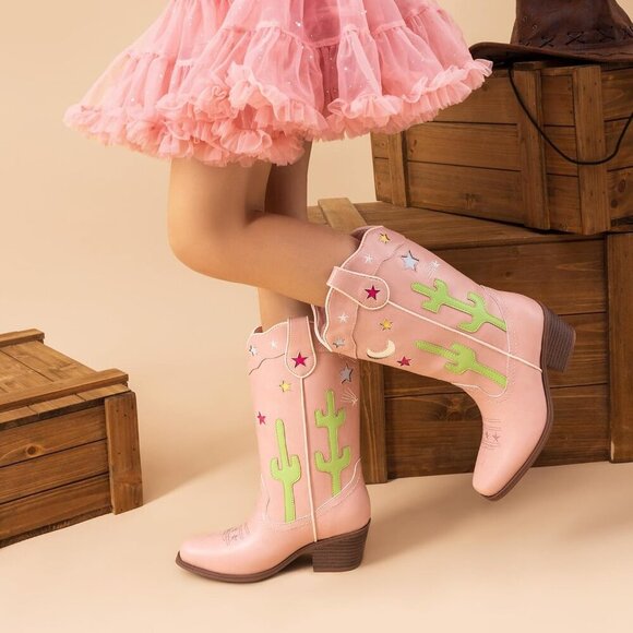 Girls Cowboy Boots Cowgirl Western Boots with Low Heel Square Toe for Little Kid - Picture 2 of 5